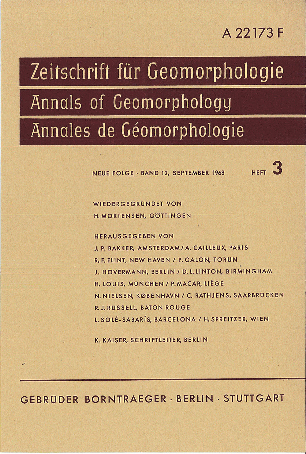 Cover image of: Zeitschrift für Geomorphologie Volume 12 Issue 3