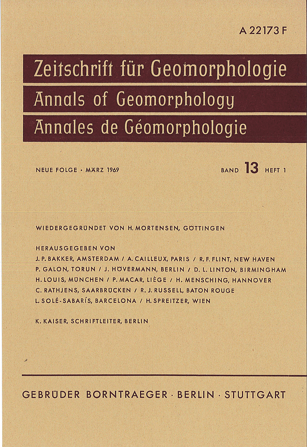 Cover image of: Zeitschrift für Geomorphologie Volume 13 Issue 1