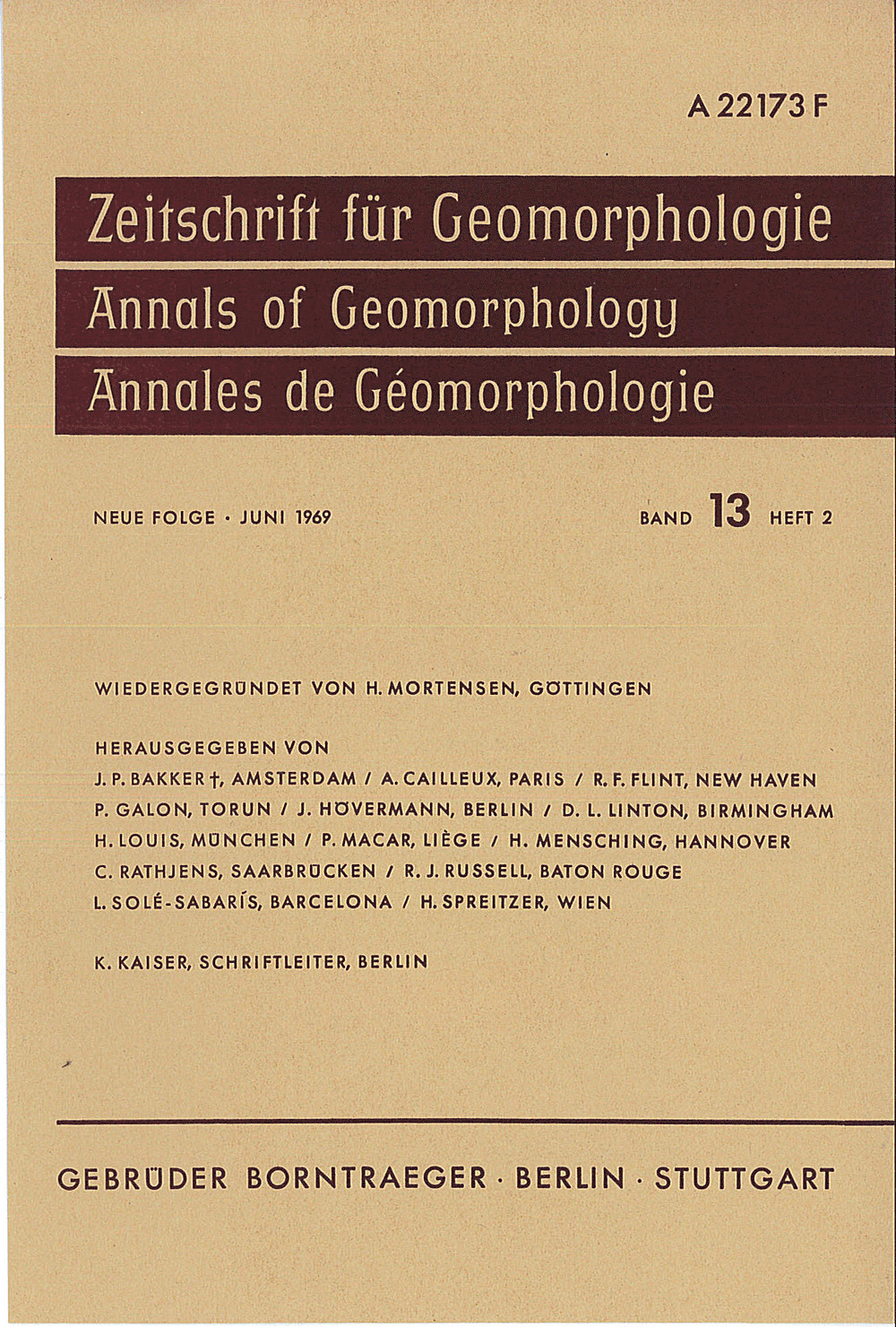 Cover image of: Zeitschrift für Geomorphologie Volume 13 Issue 2