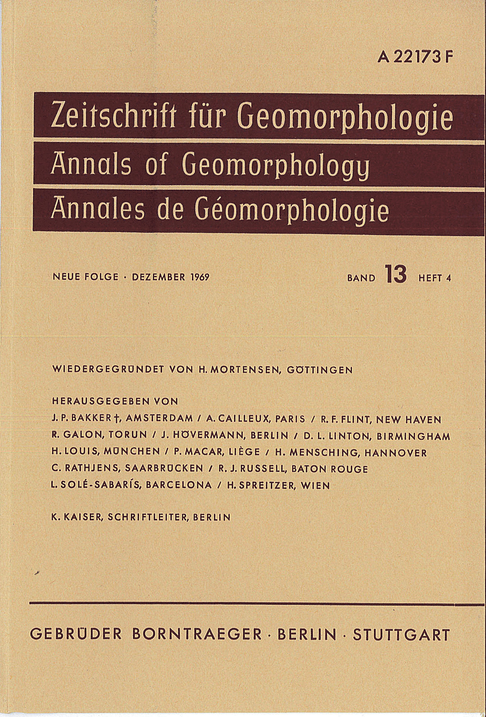 Cover image of: Zeitschrift für Geomorphologie Volume 13 Issue 4