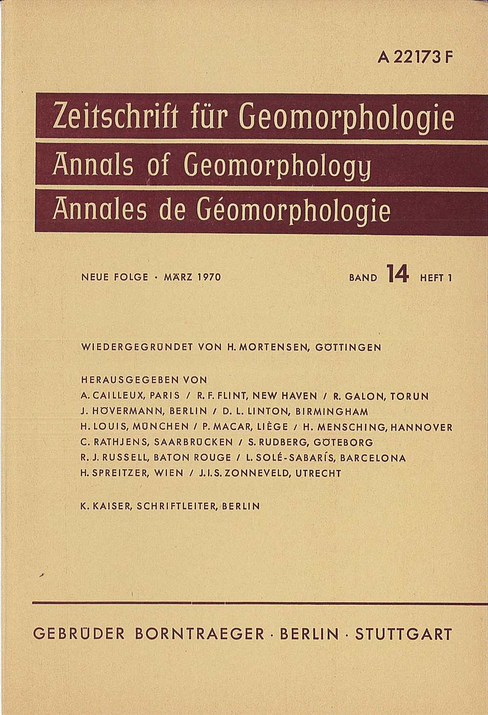 Cover image of: Zeitschrift für Geomorphologie Volume 14 Issue 1