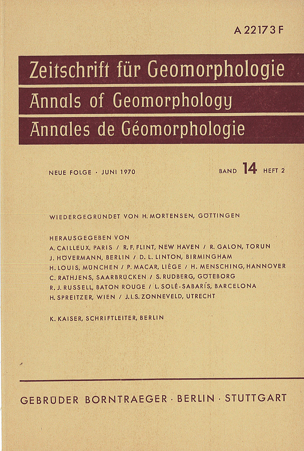 Cover image of: Zeitschrift für Geomorphologie Volume 14 Issue 2