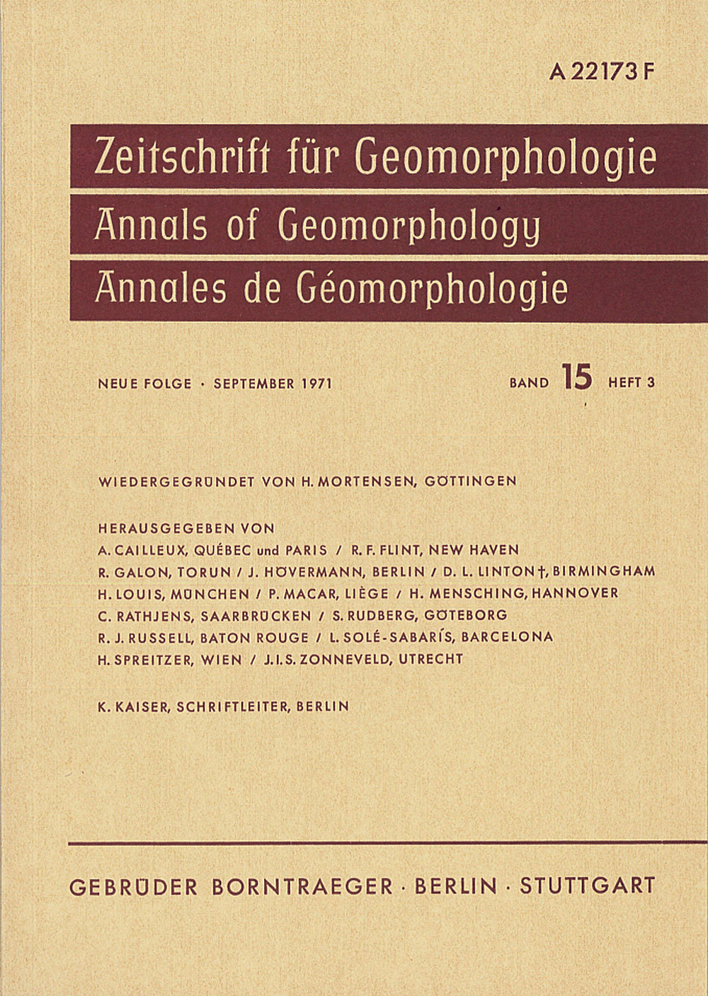 Cover image of: Zeitschrift für Geomorphologie Volume 15 Issue 3