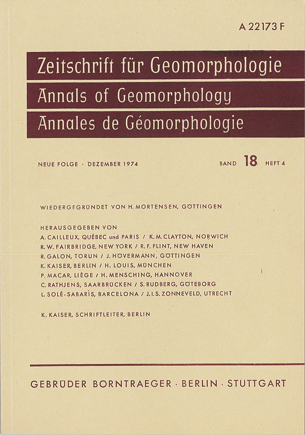 Cover image of: Zeitschrift für Geomorphologie Volume 18 Issue 4