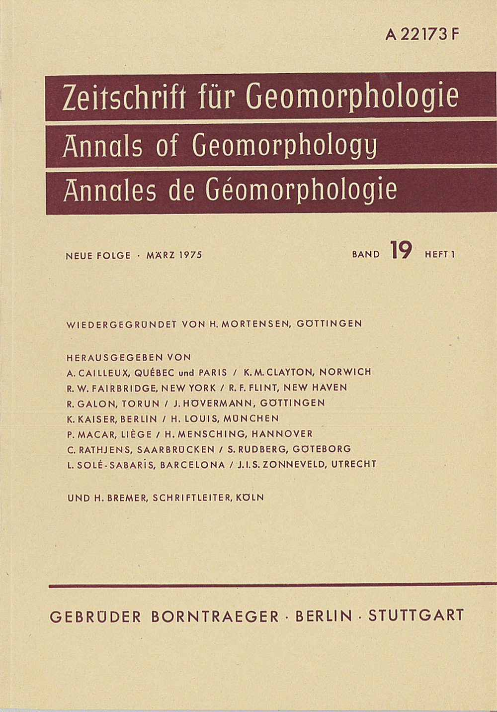 Cover image of: Zeitschrift für Geomorphologie Volume 19 Issue 1