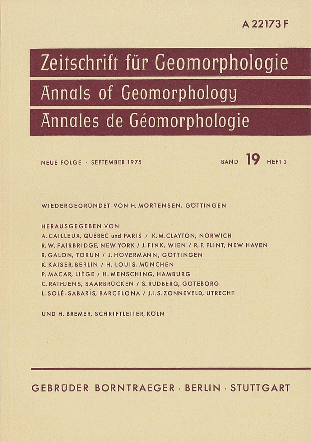 Cover image of: Zeitschrift für Geomorphologie Volume 19 Issue 3