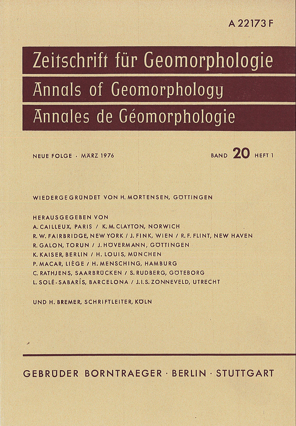 Cover image of: Zeitschrift für Geomorphologie Volume 20 Issue 1