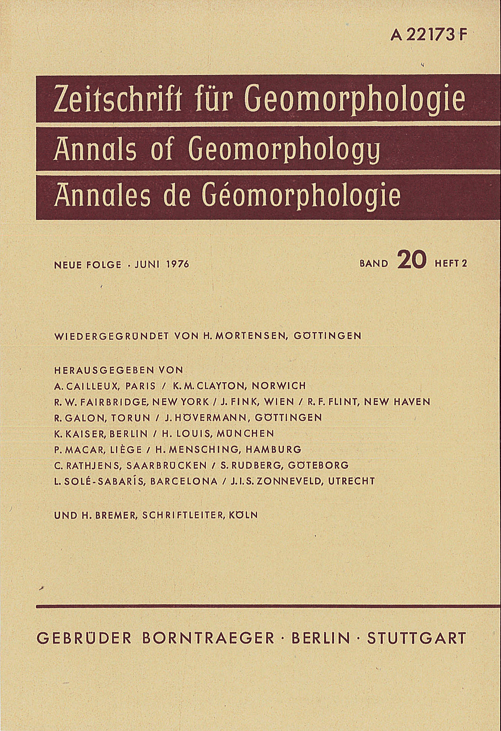 Cover image of: Zeitschrift für Geomorphologie Volume 20 Issue 2
