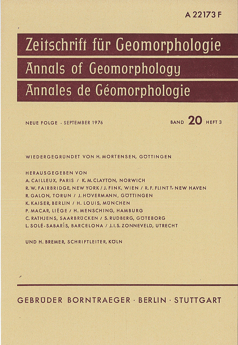Cover image of: Zeitschrift für Geomorphologie Volume 20 Issue 3