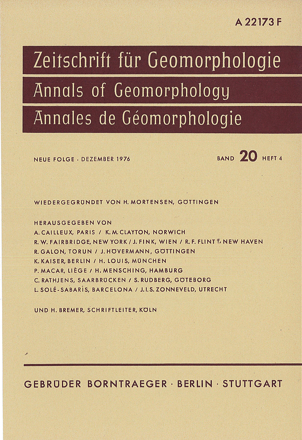 Cover image of: Zeitschrift für Geomorphologie Volume 20 Issue 4