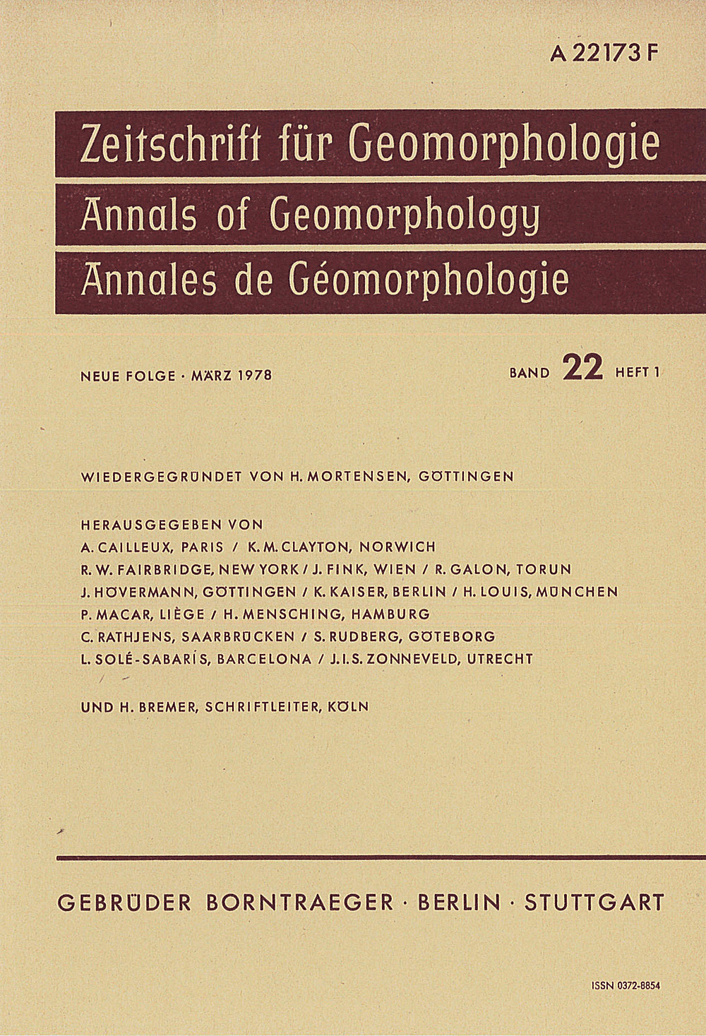 Cover image of: Zeitschrift für Geomorphologie Volume 22 Issue 1