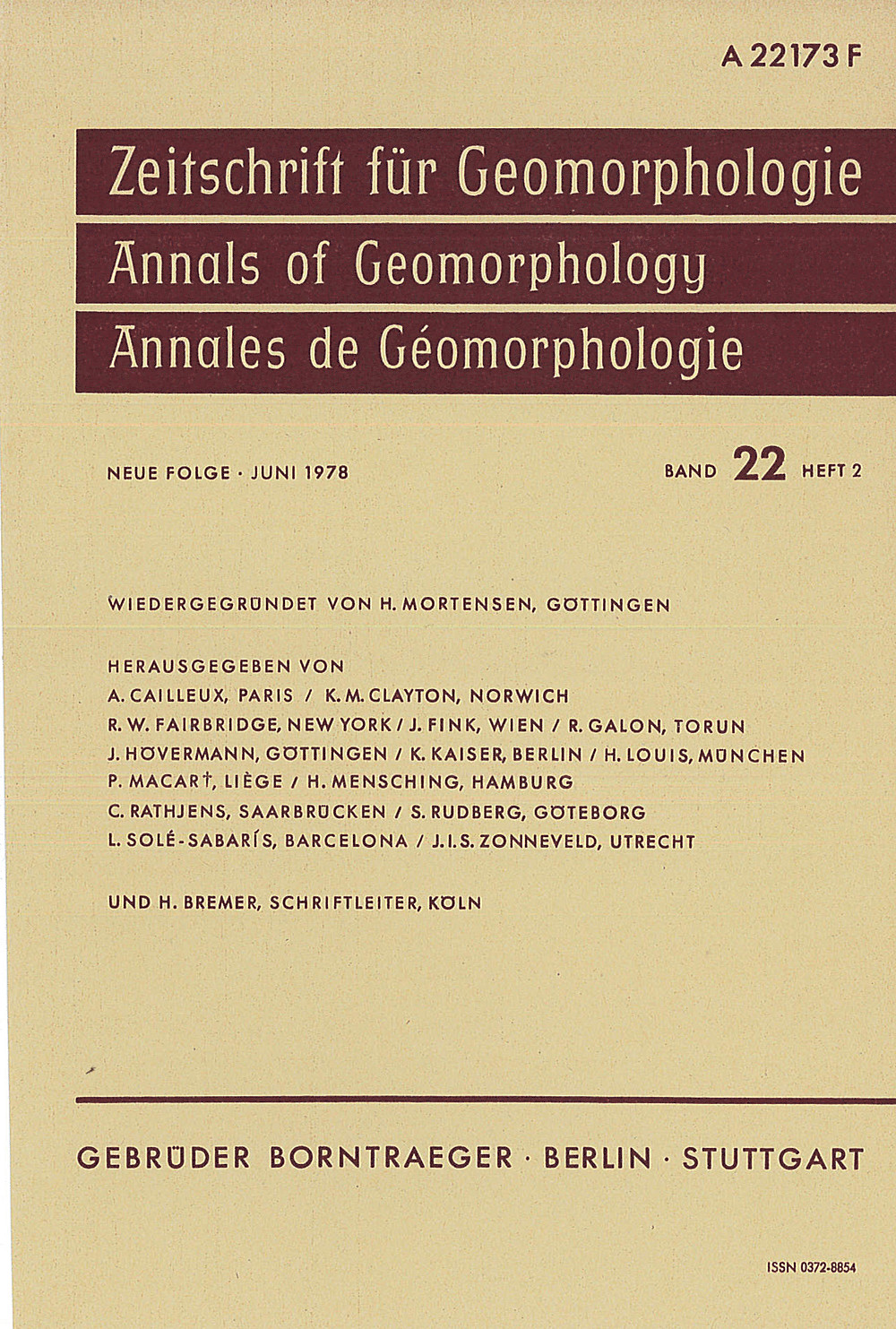 Cover image of: Zeitschrift für Geomorphologie Volume 22 Issue 2