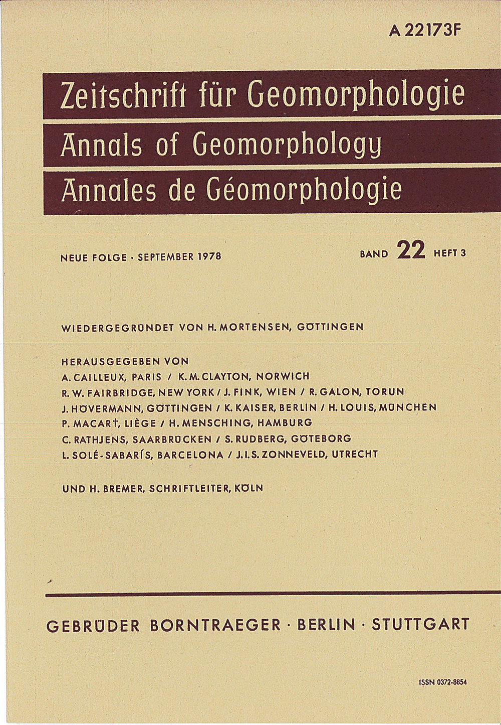 Cover image of: Zeitschrift für Geomorphologie Volume 22 Issue 3