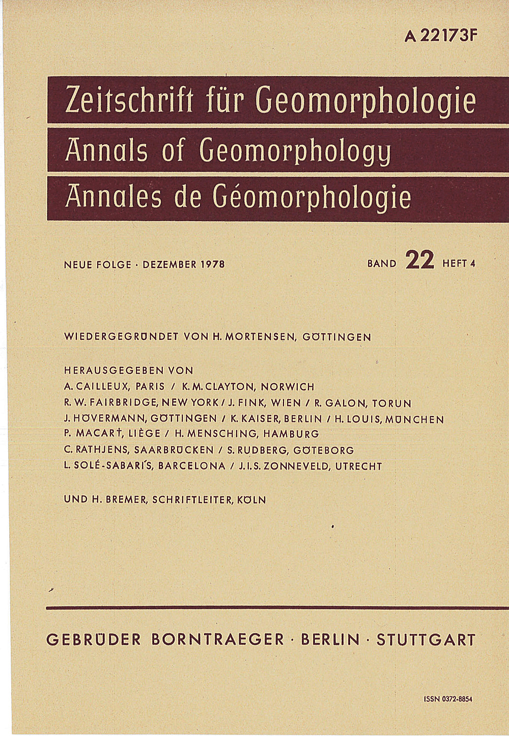 Cover image of: Zeitschrift für Geomorphologie Volume 22 Issue 4