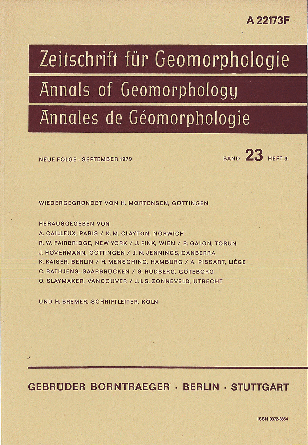 Cover image of: Zeitschrift für Geomorphologie Volume 23 Issue 3