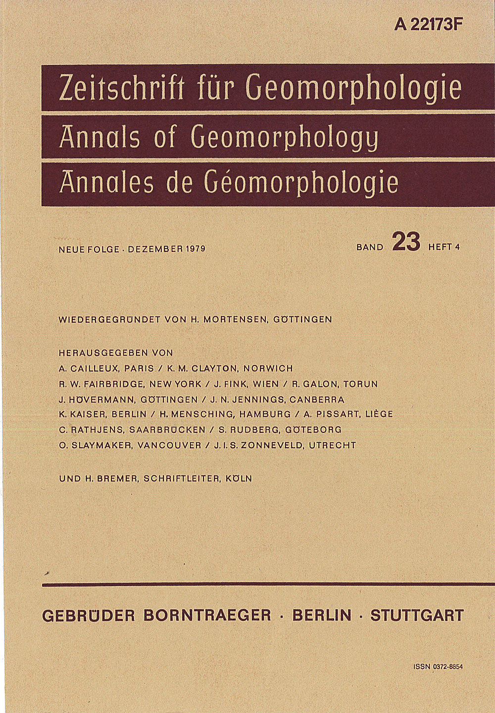 Cover image of: Zeitschrift für Geomorphologie Volume 23 Issue 4