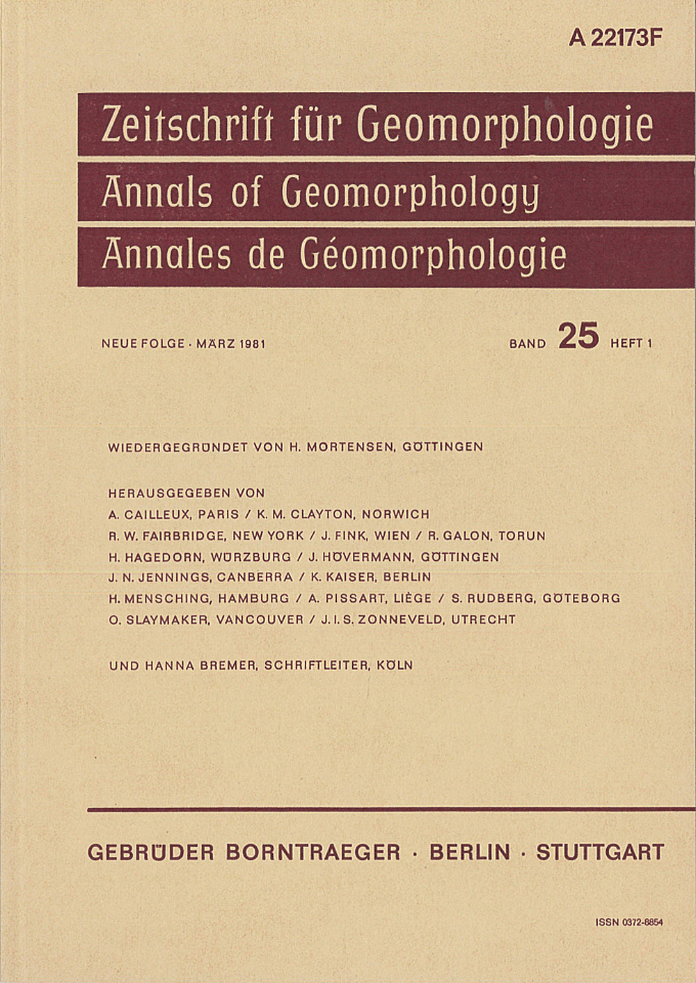 Cover image of: Zeitschrift für Geomorphologie Volume 25 Issue 1