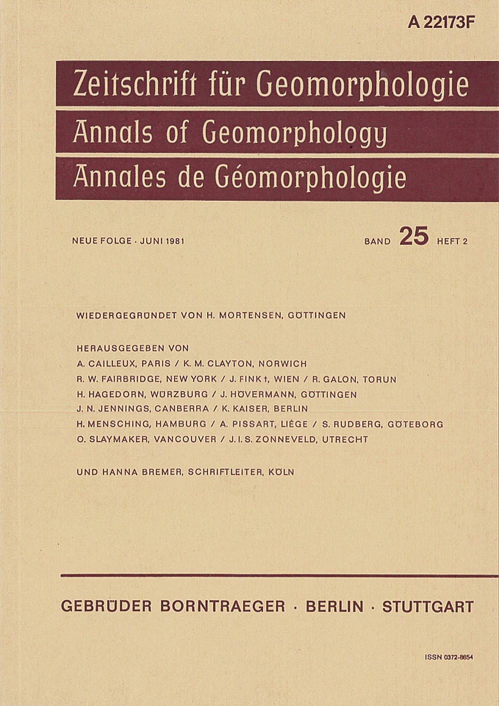 Cover image of: Zeitschrift für Geomorphologie Volume 25 Issue 2