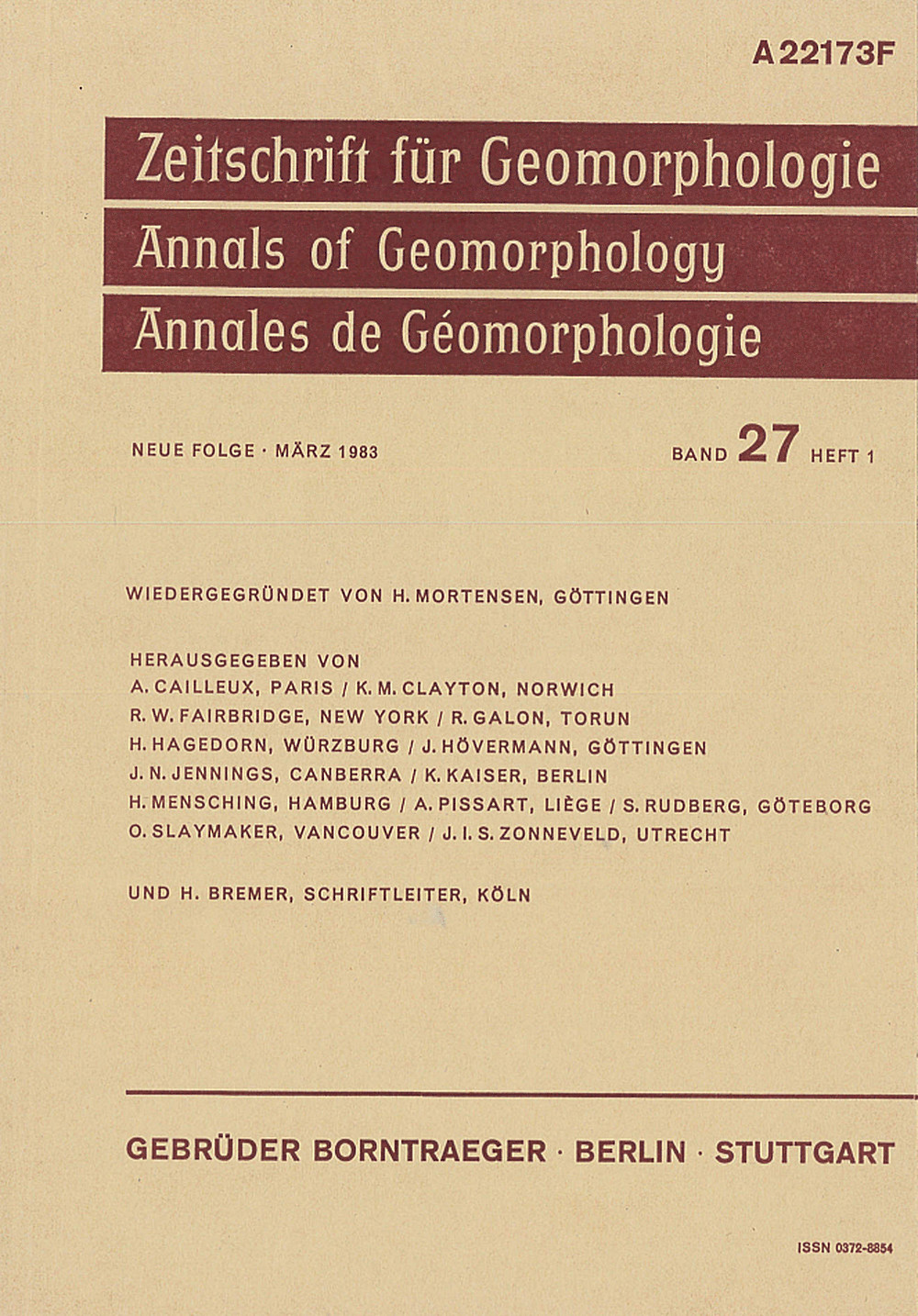 Cover image of: Zeitschrift für Geomorphologie Volume 27 Issue 1