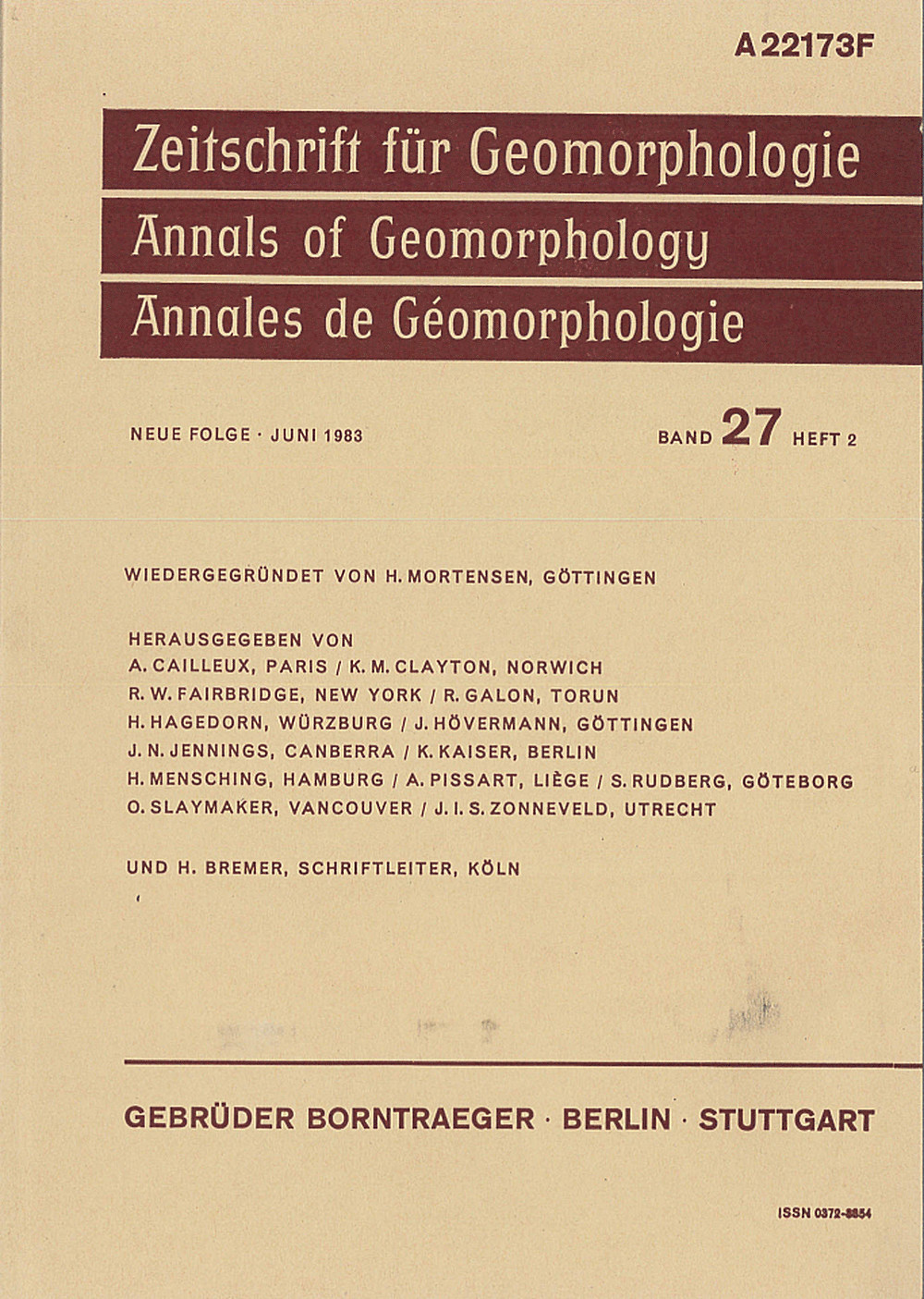 Cover image of: Zeitschrift für Geomorphologie Volume 27 Issue 2