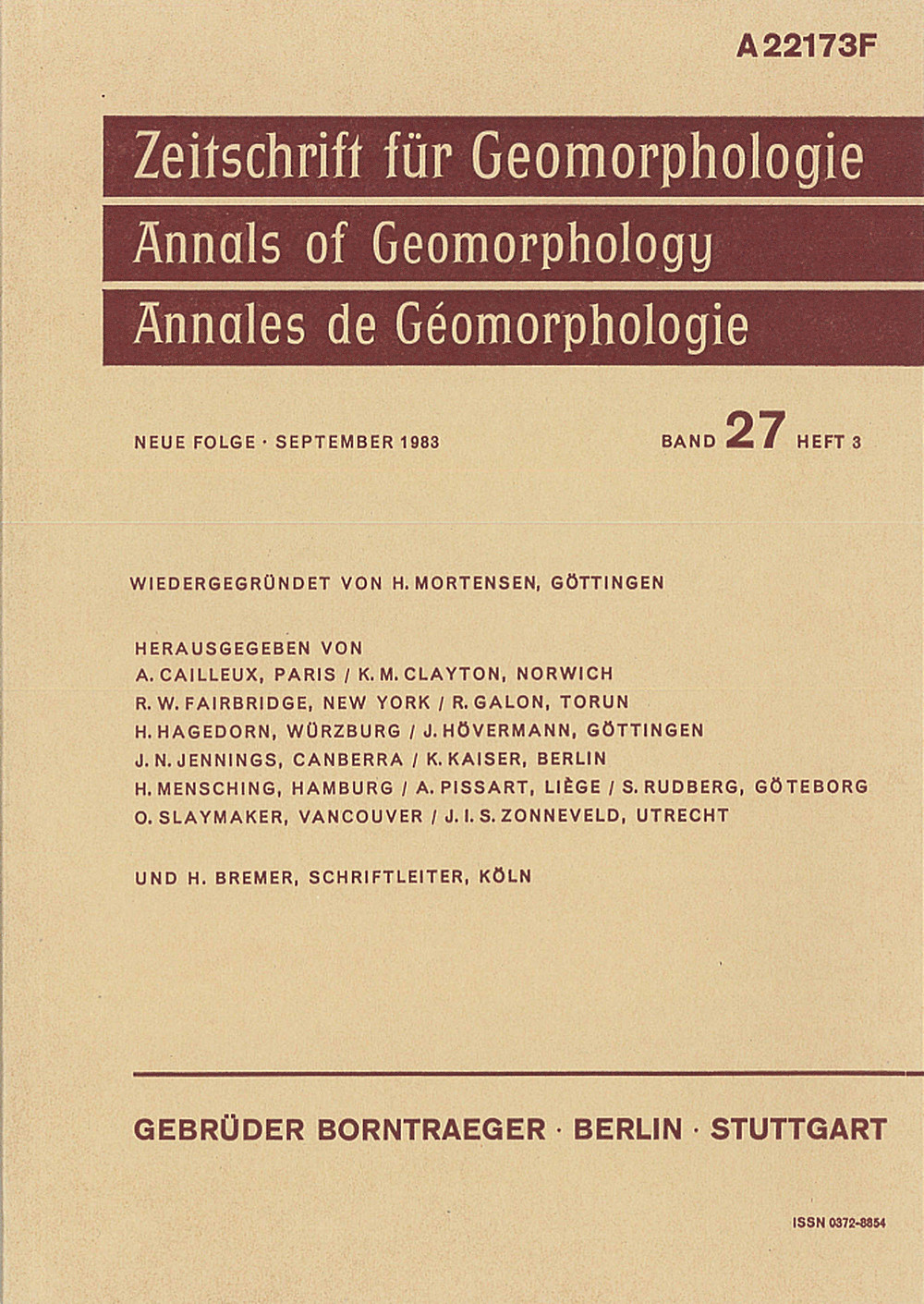 Cover image of: Zeitschrift für Geomorphologie Volume 27 Issue 3