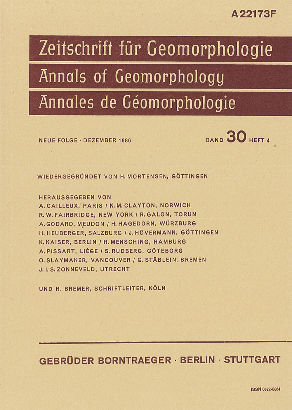 Cover image of: Zeitschrift für Geomorphologie Volume 30 Issue 4