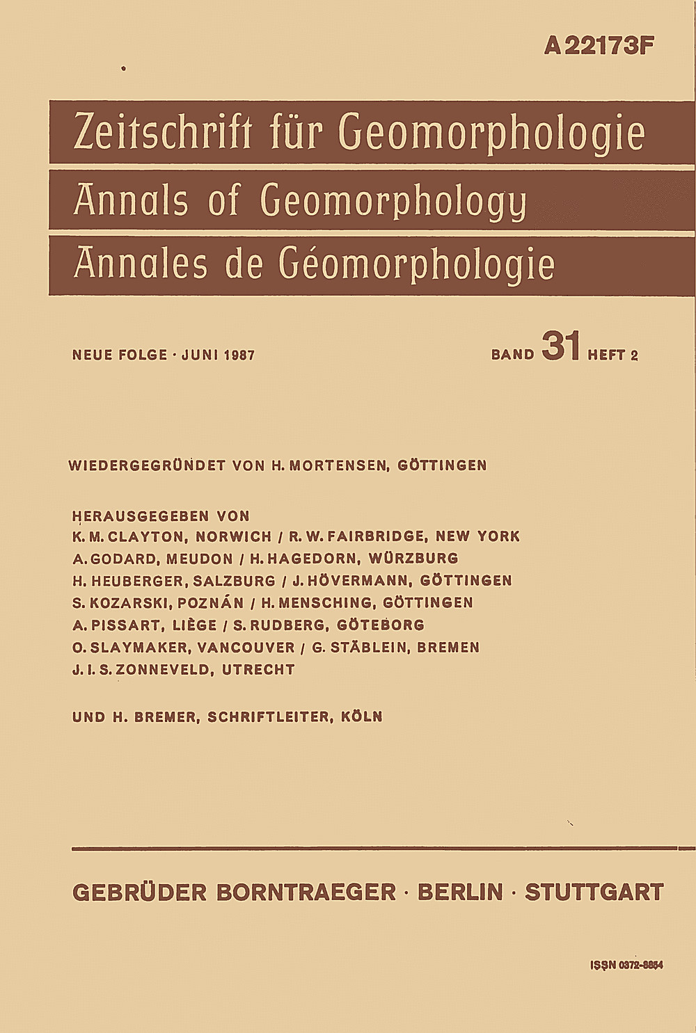 Cover image of: Zeitschrift für Geomorphologie Volume 31 Issue 2