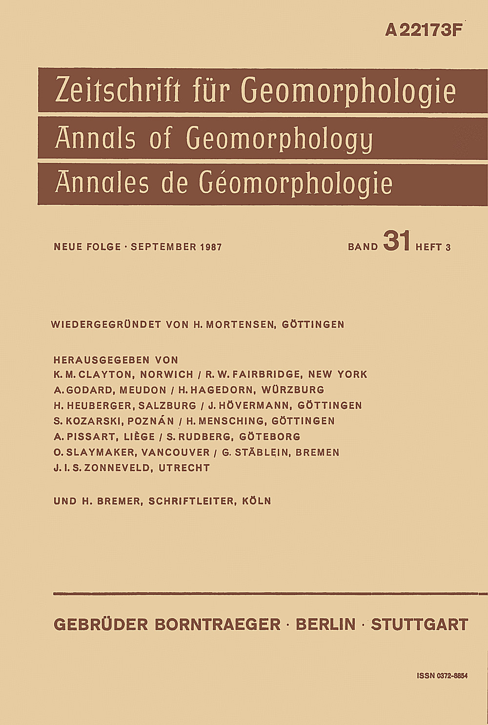 Cover image of: Zeitschrift für Geomorphologie Volume 31 Issue 3