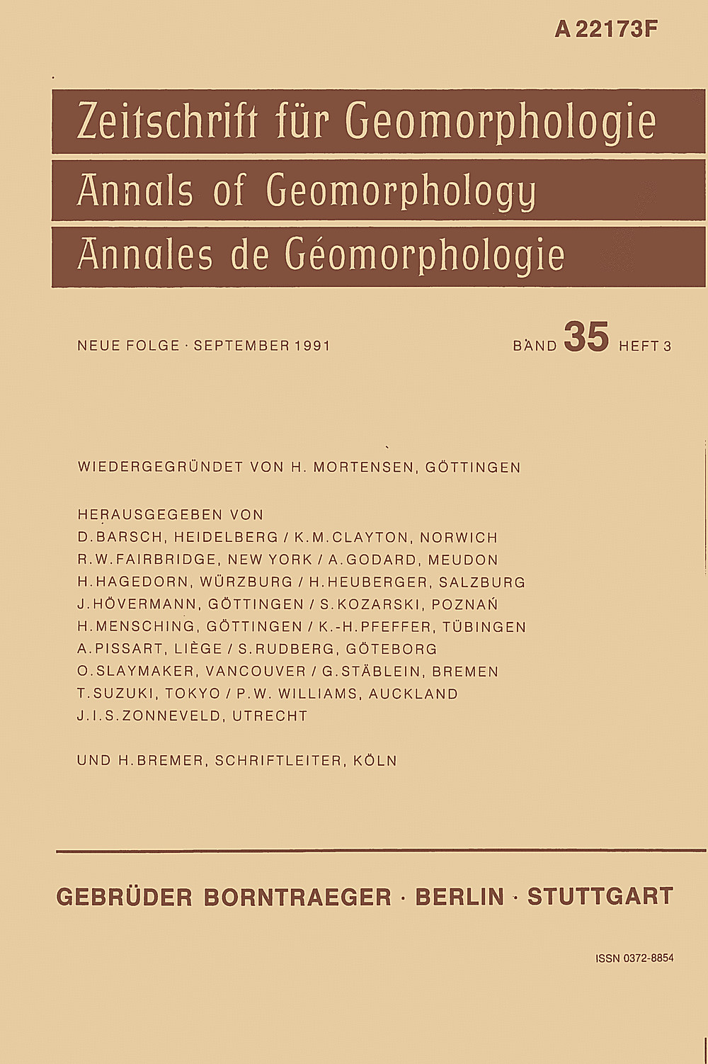 Umschlagbild des Buches: Zeitschrift für Geomorphologie Volume 35 Issue 3
