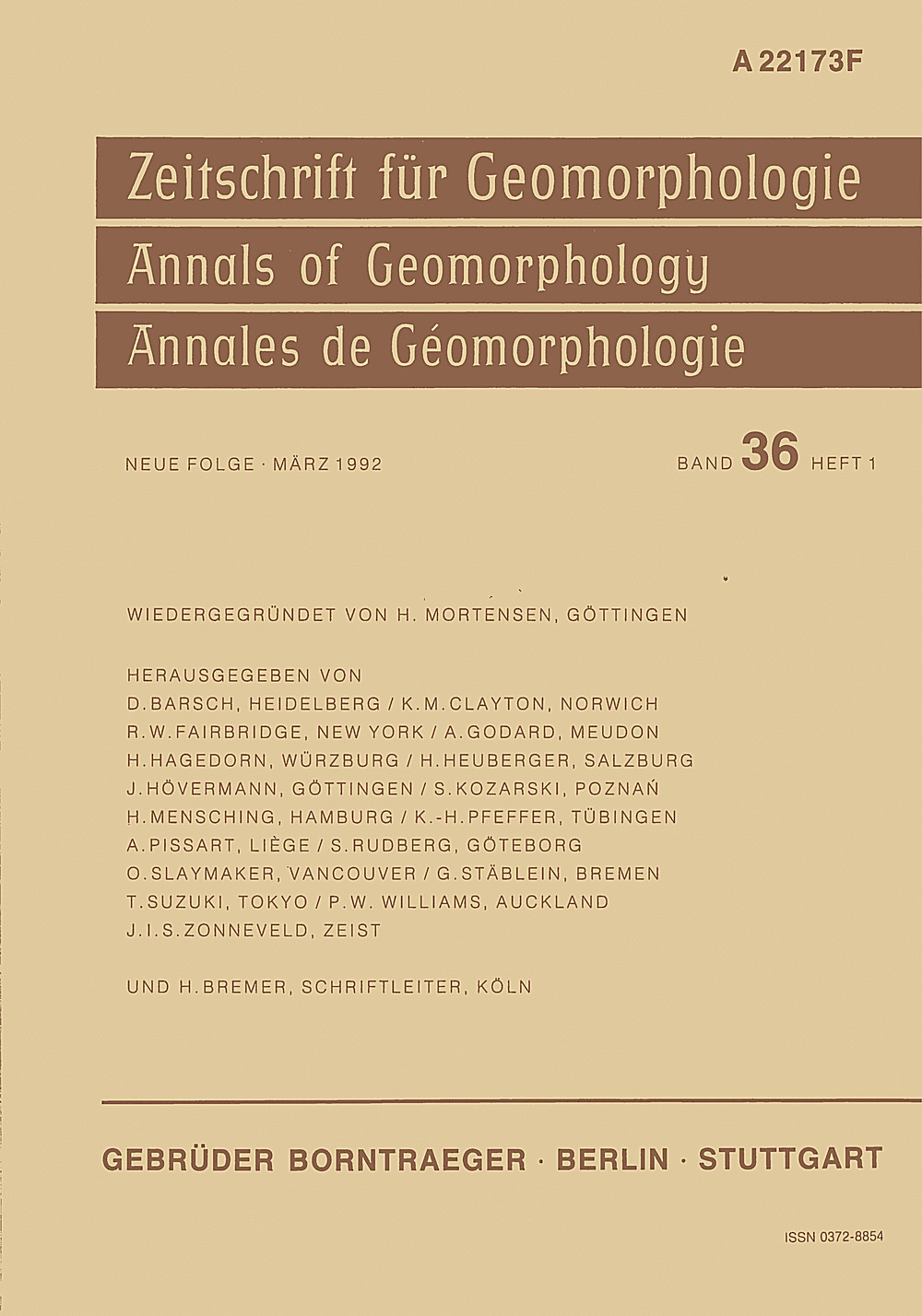 Cover image of: Zeitschrift für Geomorphologie Volume 36 Issue 1