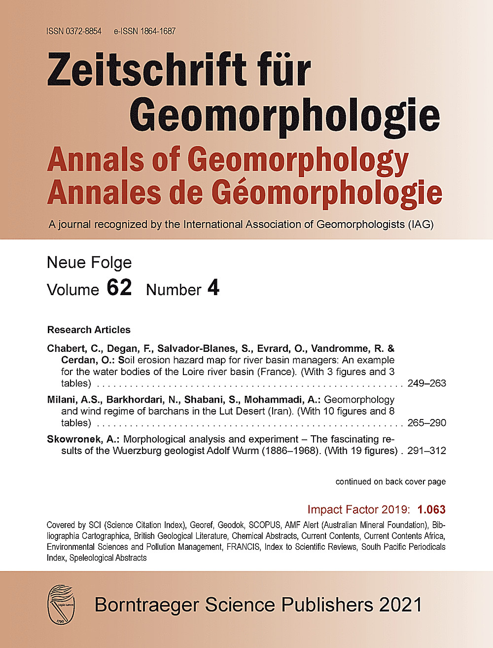 Image de couverture de: Zeitschrift für Geomorphologie Volume 62 Issue 4