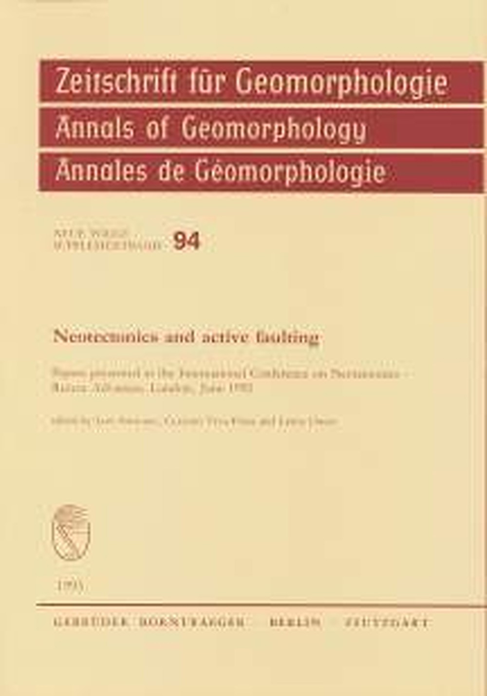 Umschlagbild des Buches:  - Neotectonics and active faulting Papers presented at the International Conference on 
Neotectonics - Recent Advances, London, June 1992