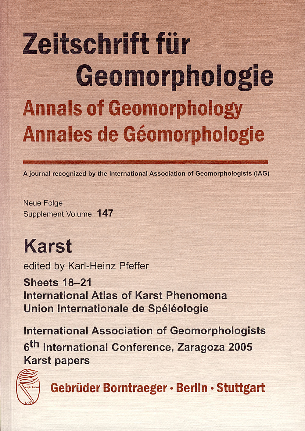 Cover image of:  - Karst<br>
Sheets 18 - 21<br>
International Atlas of Karst Phenomena<br>
Union Internationale de Spéléologie International Association of Geomorphologists<br>
6th International Conference, Zaragoza 2005 - Karst papers