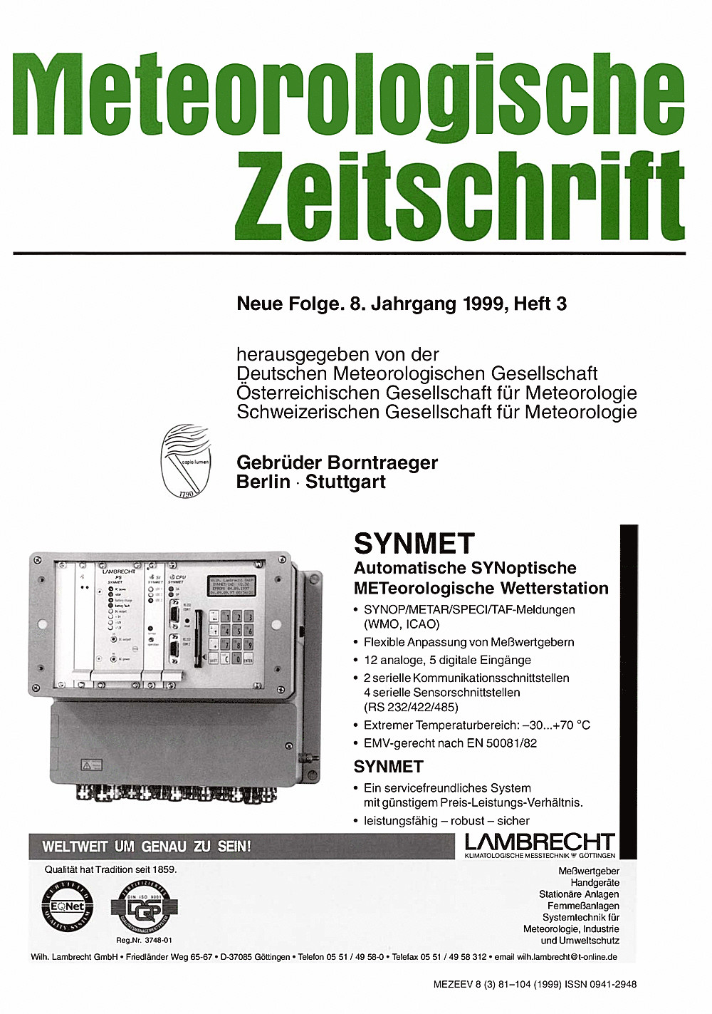 Cover image of: Meteorologische Zeitschrift Vol. 8 No. 3