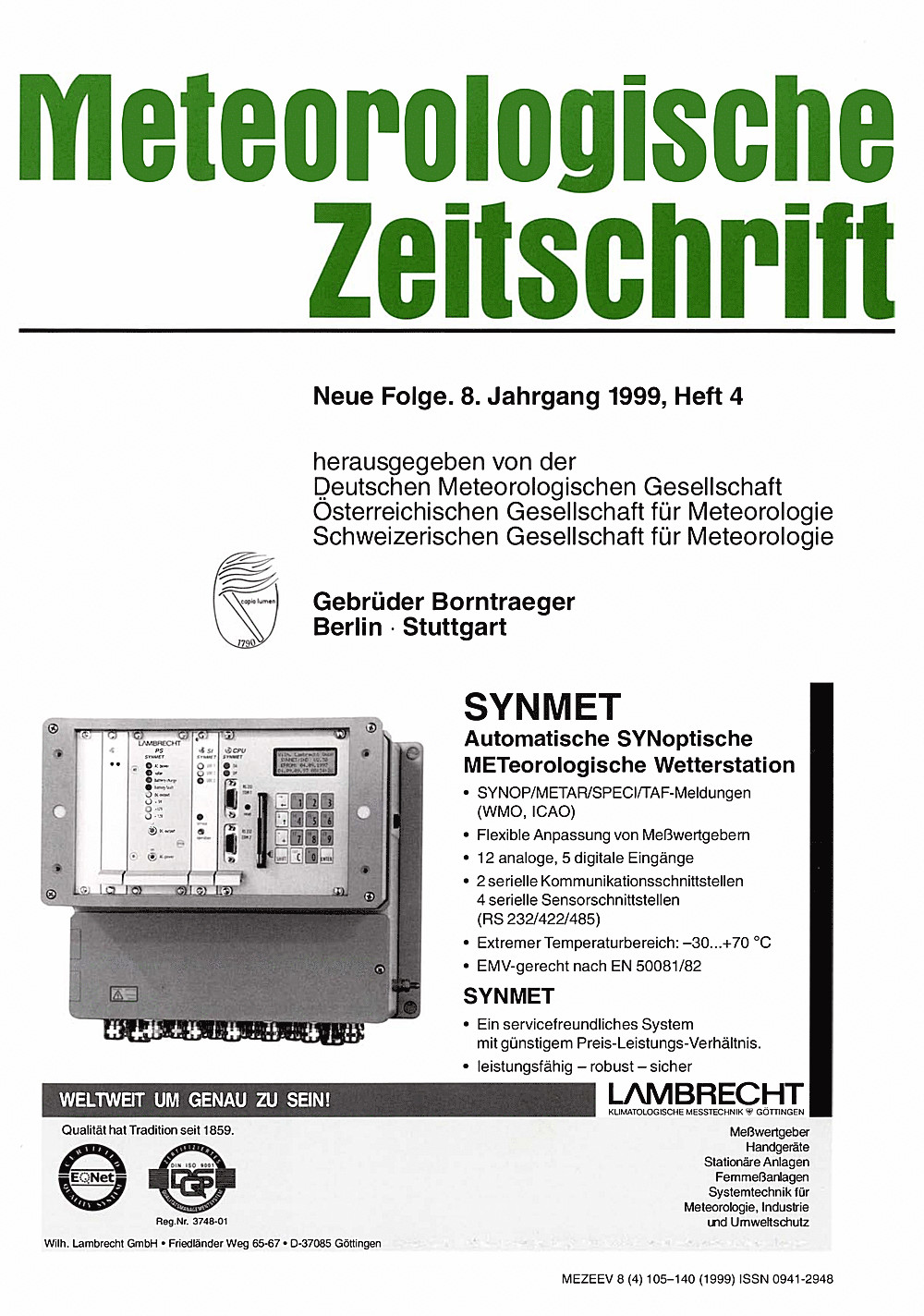 Cover image of: Meteorologische Zeitschrift Vol. 8 No. 4