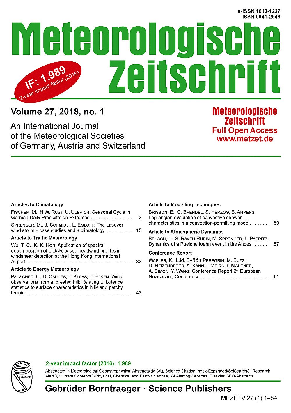 Cover image of: Meteorologische Zeitschrift Vol. 27 No. 1