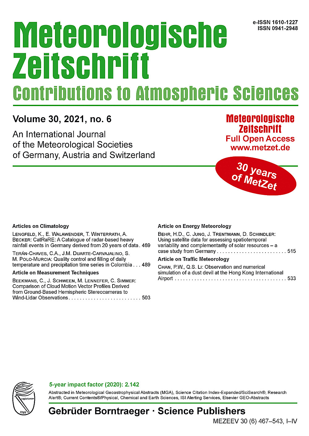 Image de couverture de: Meteorologische Zeitschrift Vol. 30 No. 6