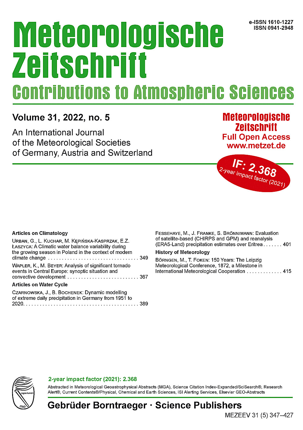 Cover image of: Meteorologische Zeitschrift Vol. 31 No. 5