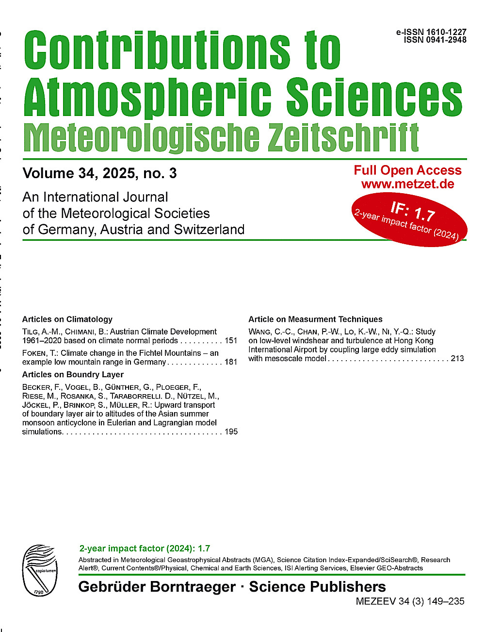 Cover image of: Meteorologische Zeitschrift Vol. 34 No. 3