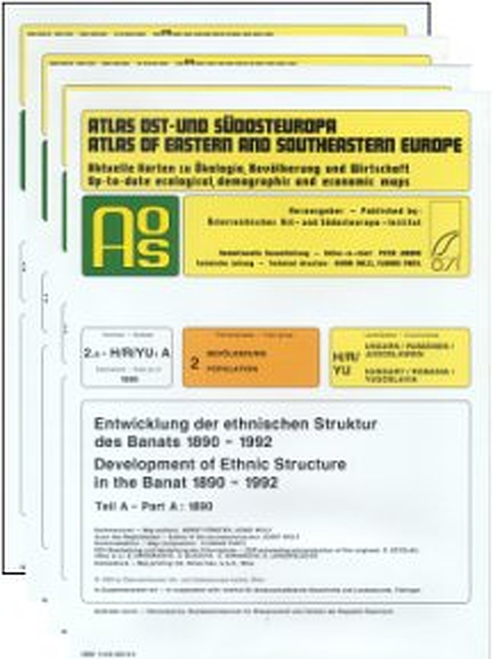 Cover image of:  - Development of Ethnic Structure in the Banat 1890 - 1992 (Population: Hungary/Romania/Yugoslavia). 1 Accompanying text
and 4 coloured maps 73 x 60 cm. Data of maps as of: Part A: 1890; Part B: 1930/31; Part C: 1949/53/56; Part D: 1990/91/92
