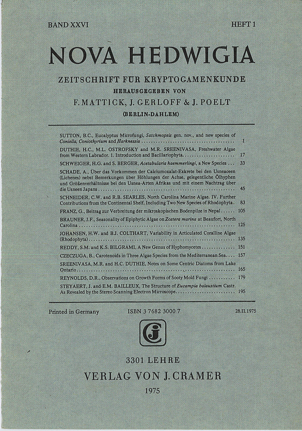 Cover image of: Nova Hedwigia Band 26 Heft 1