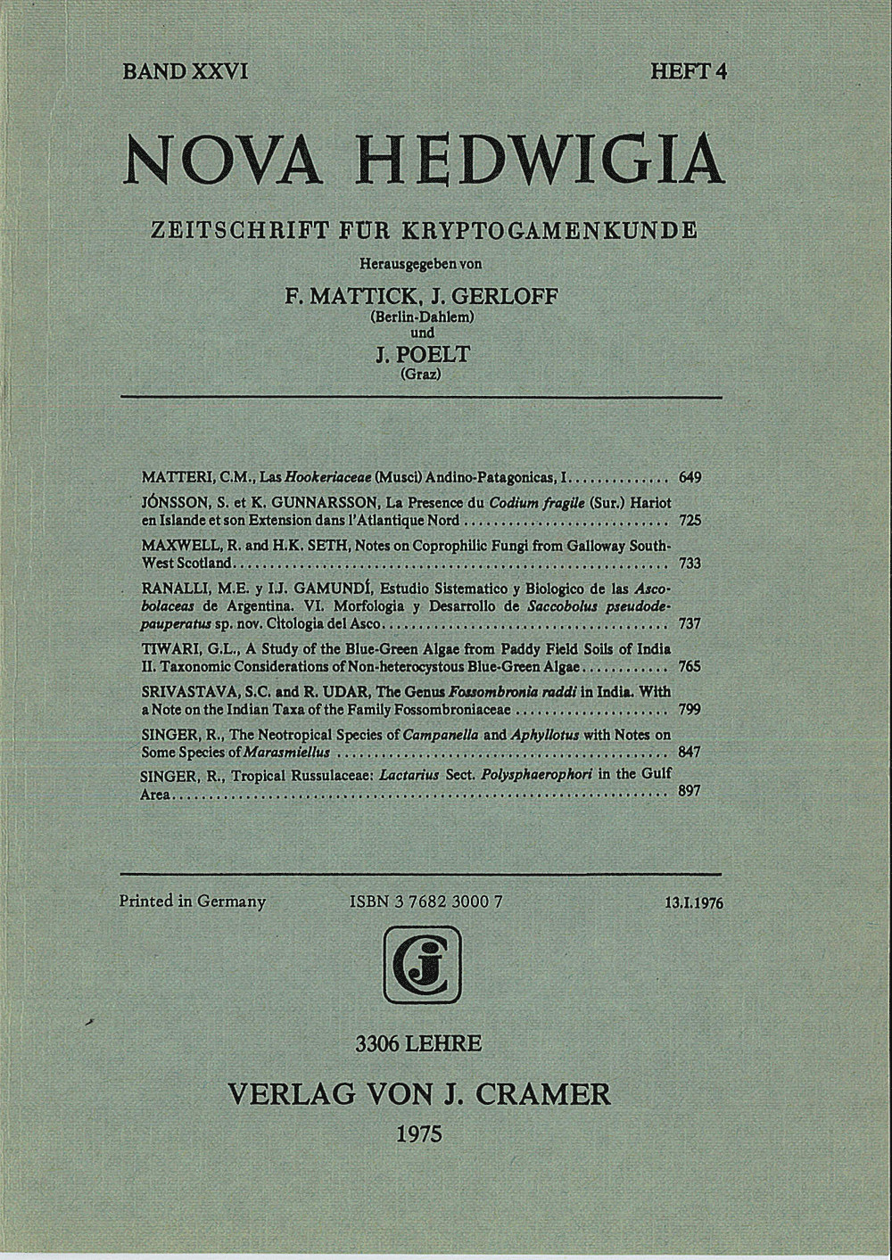 Cover image of: Nova Hedwigia Band 26 Heft 4