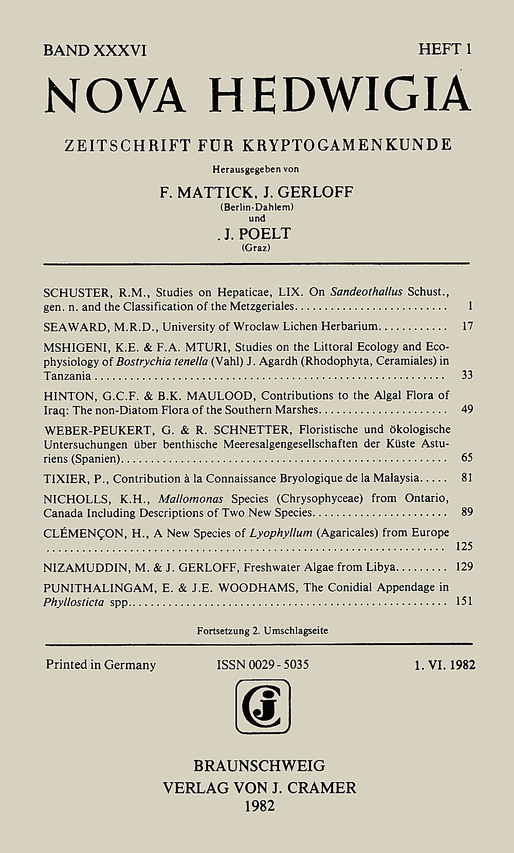 Cover image of: - Nova Hedwigia Band 36 Heft 1