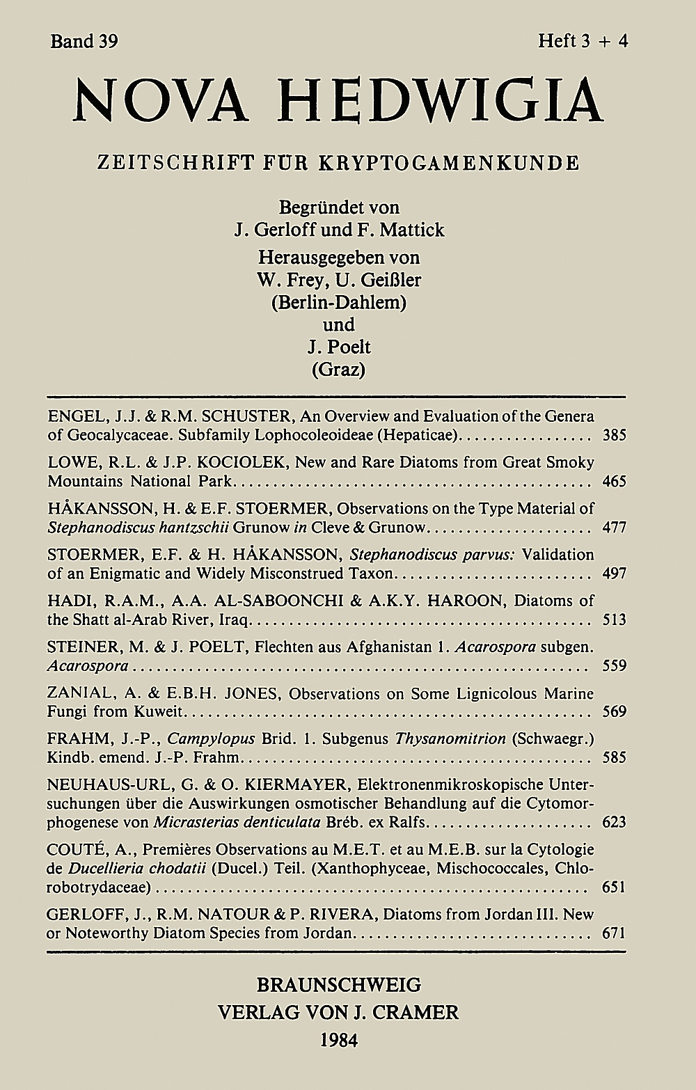 Cover image of: Nova Hedwigia Band 39 Heft 3-4