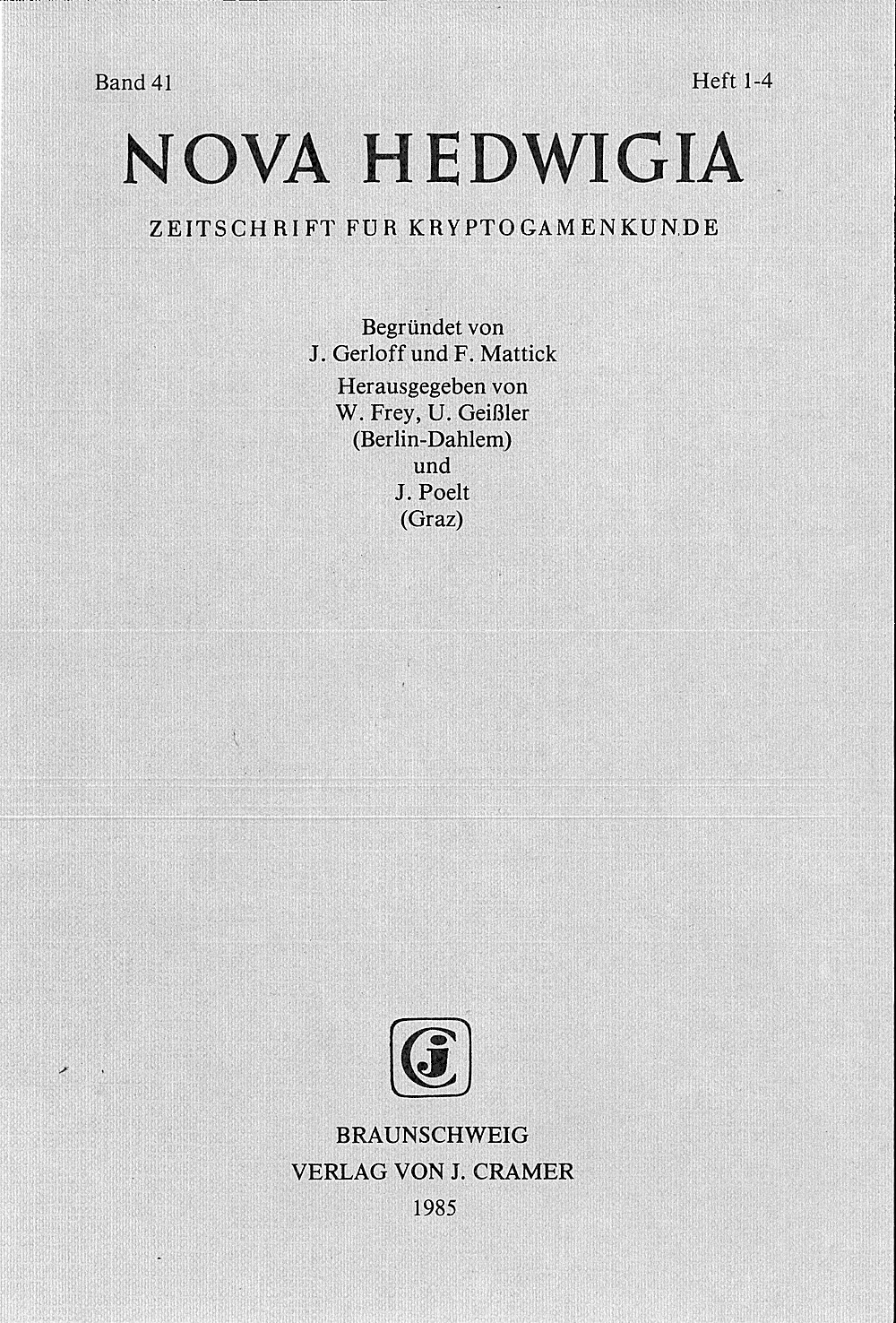 Cover image of: Nova Hedwigia Band 41 Heft 1-4