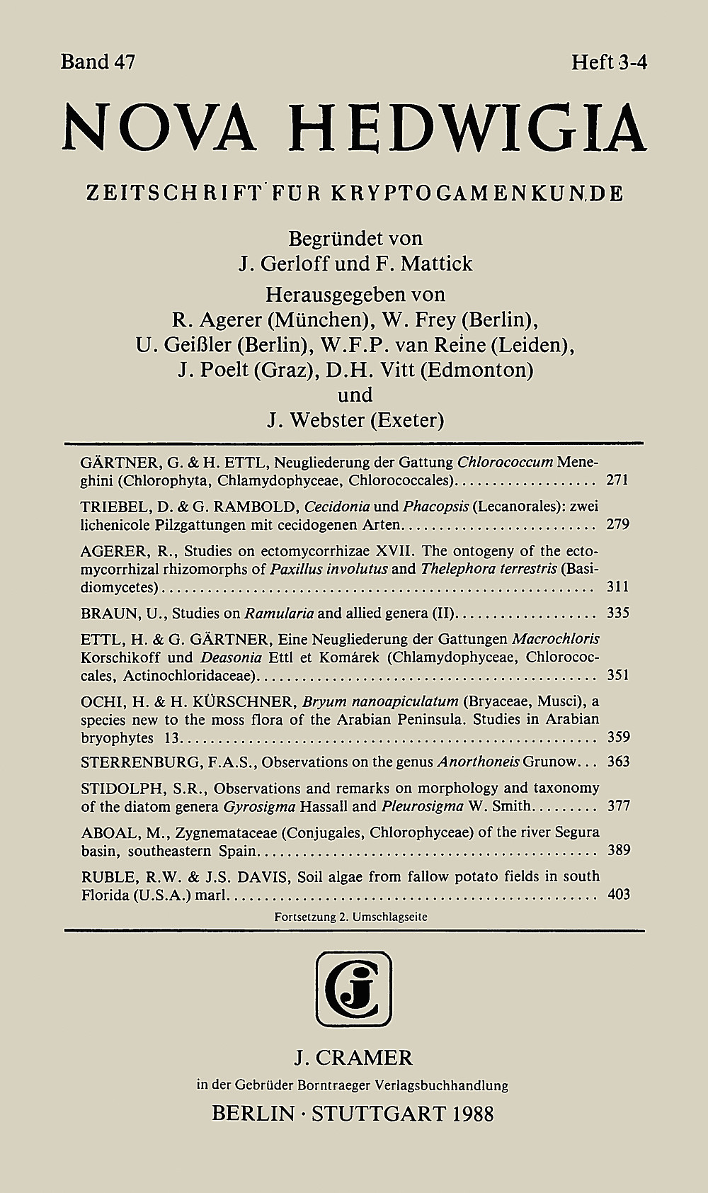Cover image of:  - Nova Hedwigia Band 47 Heft 3-4 Journal of Cryptogamic Science
