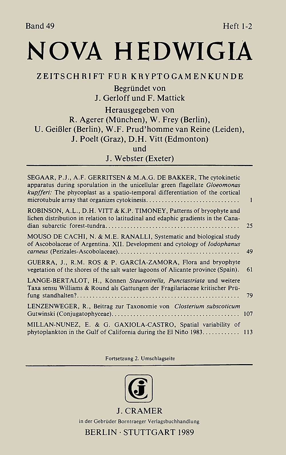 Umschlagbild des Buches:  - Nova Hedwigia Band 49 Heft 1-2 Journal for Cryptogamic Science