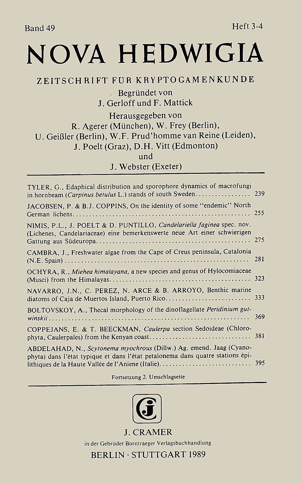 Cover image of: - Nova Hedwigia Band 49 Heft 3-4 Journal for Cryptogamic Science
