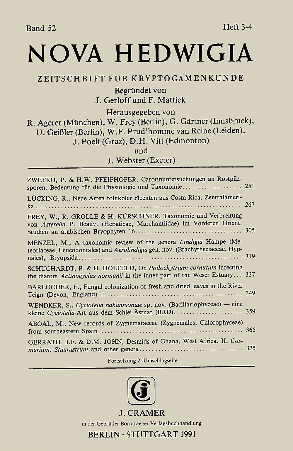 Umschlagbild des Buches:  - Nova Hedwigia Band 52 Heft 3-4 Journal of Cryptogamic Science