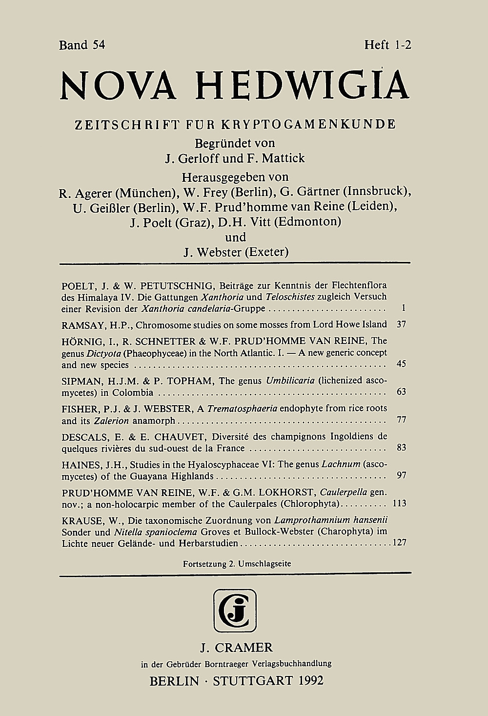 Cover image of: - Nova Hedwigia Band 54 Heft 1-2 Journal of Cryptogamic Science